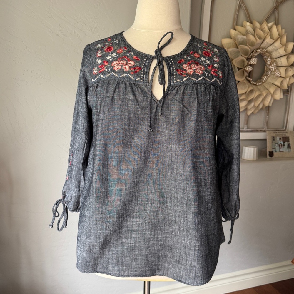 Knox Rose Top Women's Dark Gray Long Sleeve Floral Embroidery‎ Blouse Size 2XL